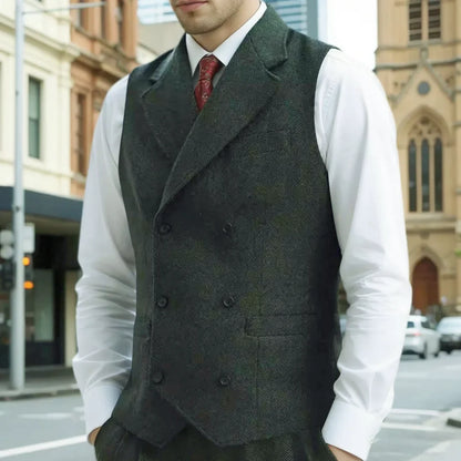 Men Vest Army Green Herringbone Double Button With Lapel Waistcoat For Wedding Business Office Work Daily Casual Men Suit Vest