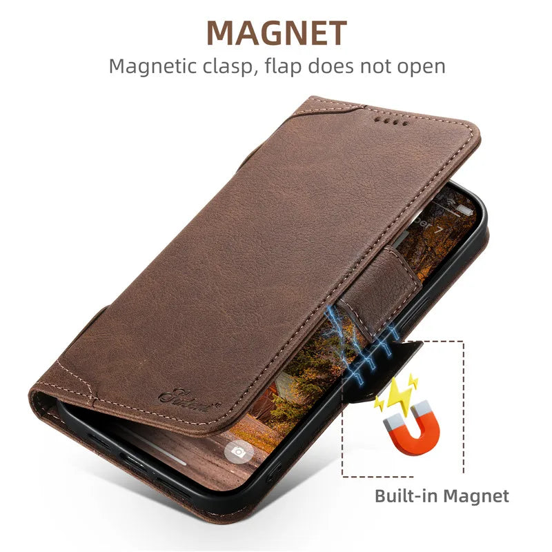 Magsafe Business Leather Wallet Phone Case For iPhone 12 13 14 15 Pro Max Plus 16 17 Pro Max With Flip Card Holder Cover
