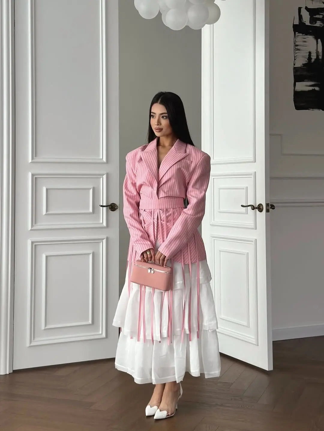 Women's Spring Summer Lapel Stripe Print Fringe Detail Blazer Elegant Formal Party 2026 Trendy Feminine Fashion Blazer