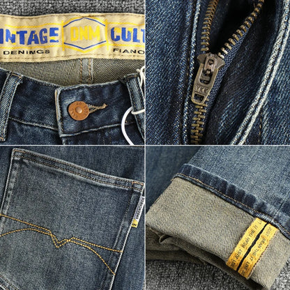 Embroidery embellished white to do old American vintage jeans men slim small straight leg fashion all-match youth pants