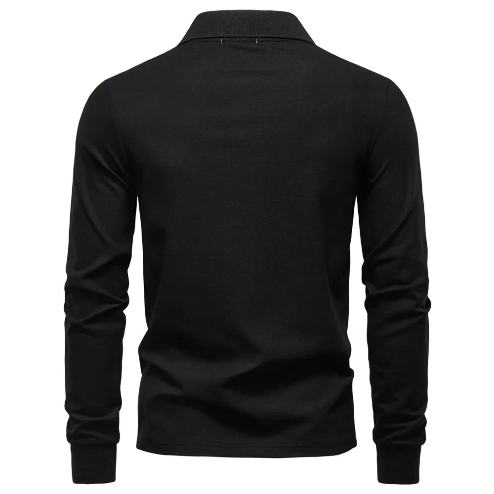 2025 Business Casual Polo Shirt Men Solid Color Long Sleeve Cotton Rich Blend Breathable Polos Male