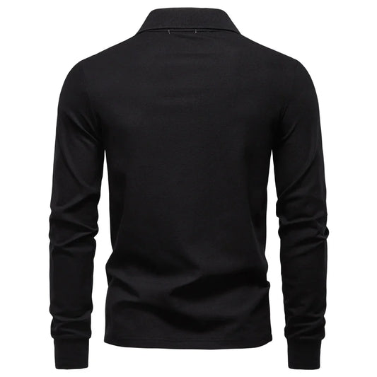 2025 Business Casual Polo Shirt Men Solid Color Long Sleeve Cotton Rich Blend Breathable Polos Male