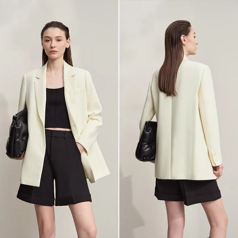 Blazers For Woman 2025 Autumn New Loose Beige Solid Elegant Blazer Ladies Long Sleeves Medium Long Women's Jacket 12553007