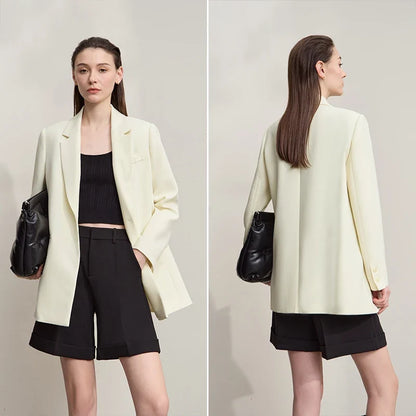 Blazers For Woman 2025 Autumn New Loose Beige Solid Elegant Blazer Ladies Long Sleeves Medium Long Women's Jacket 12553007