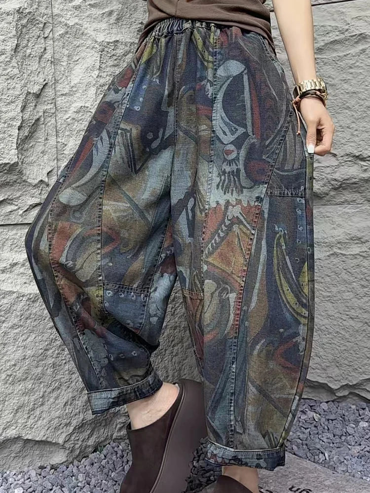Fashion Loose Printed Vintage Womens Spring Denim Pants Patchwork Jeans Ladies Classic Casual Punk Wide Leg Trousers