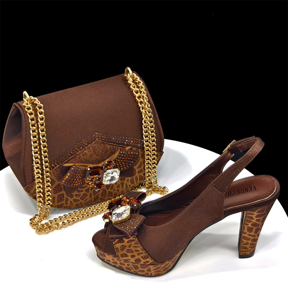 Shoes for Women High Heels INS Style Rhinestone Peep Toe Bow Gold Color New Italian Shoes and Bag for Party 2024