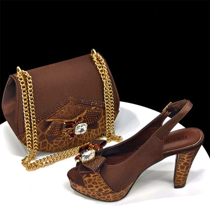 Shoes for Women High Heels INS Style Rhinestone Peep Toe Bow Gold Color New Italian Shoes and Bag for Party 2024
