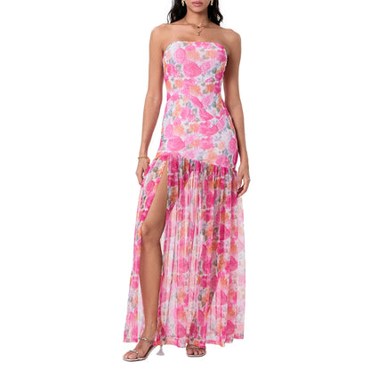 Women Tube Top Dress Slim Strapless Backless Mesh Patchwork Tropical Print High Slit Long Dress for Party Club Night