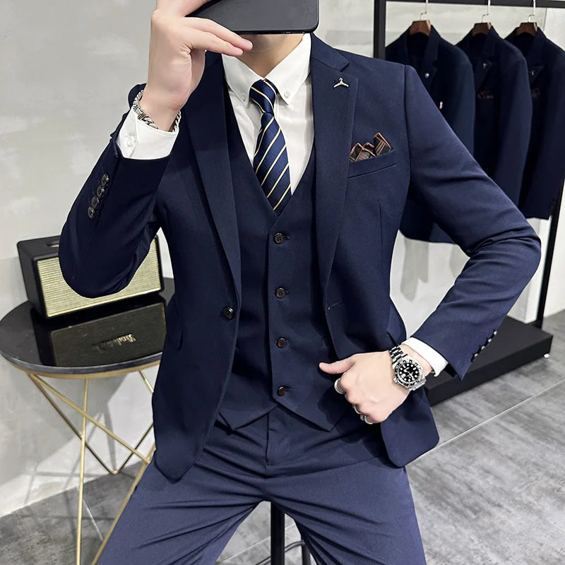 S-7XL Jacket Vest Pants Luxury Elasticity Boutique Fashion Men's Solid Color Casual Business Suit 3-piece Sets Groom Wedding