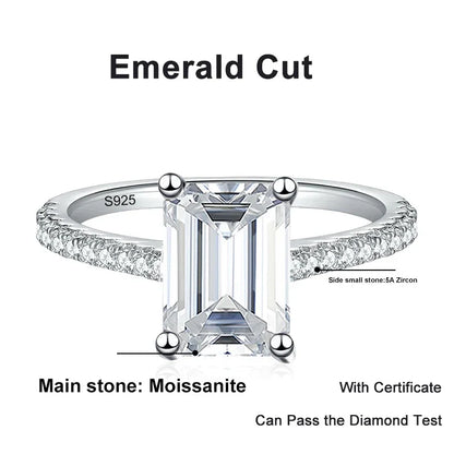 1CT 2CT Emerald Radiant Cut Moissanite Ring for Women Engagement Wedding Lab Diamond Sterling Silver 925 Rings Jewelry