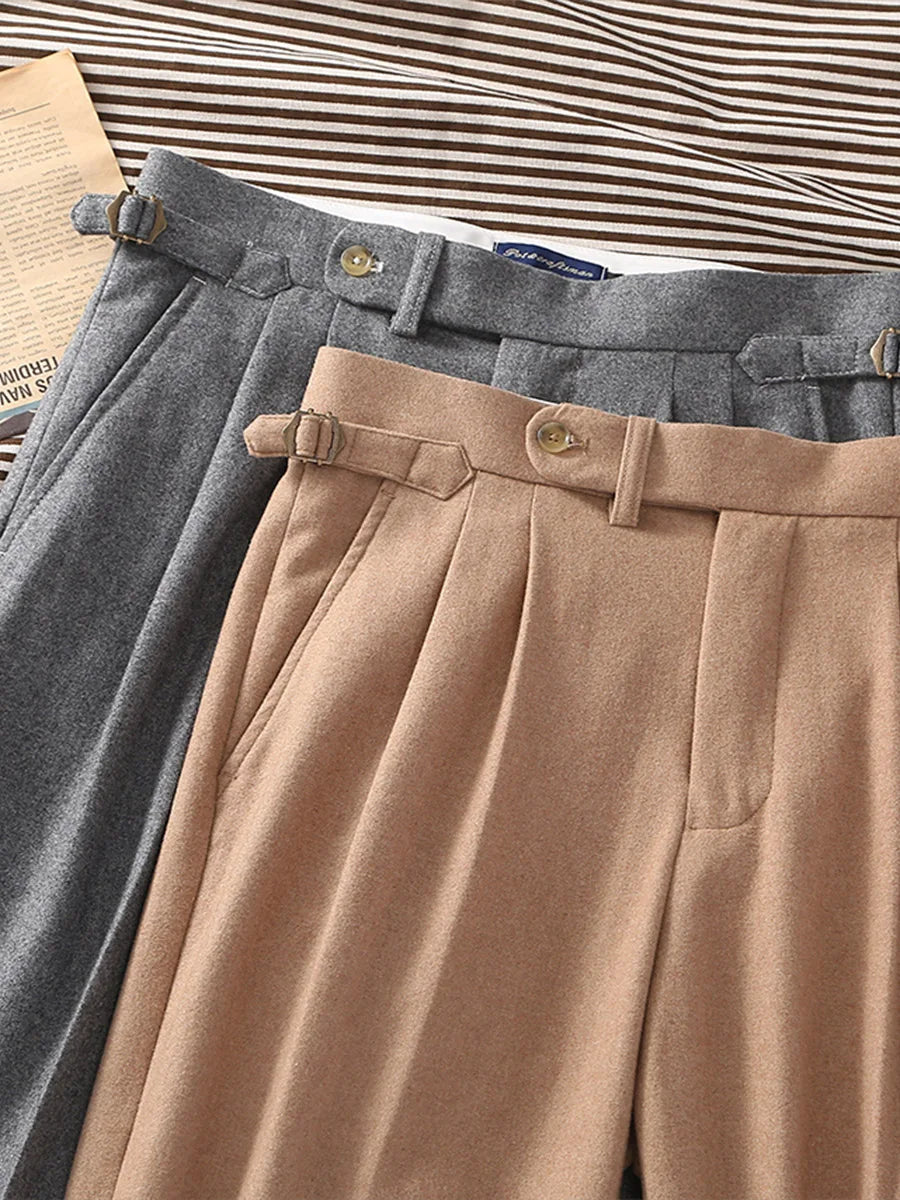 2026 Spring New Arrival Cashmere Fabric Khaki Flannel Loose Straight Leg Pants with Adjustable Waist Special Offer