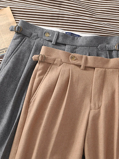 2026 Spring New Arrival Cashmere Fabric Khaki Flannel Loose Straight Leg Pants with Adjustable Waist Special Offer