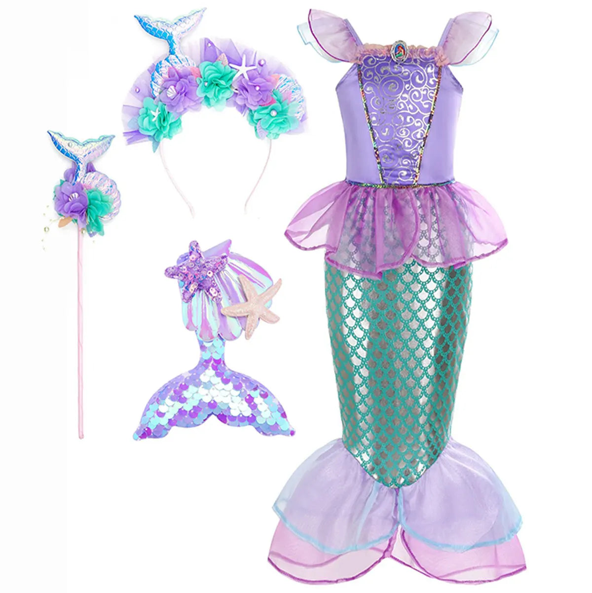 Halloween Little Mermaid Ariel Princess Costume Summer Purple Dress Girls Cosplay Mermaid Carnival Birthday Party Swimsuit Set