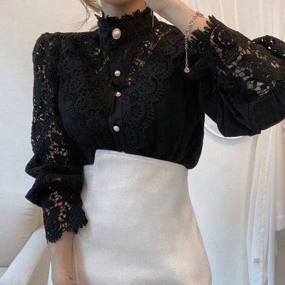 Vintage Solid White Lace Blouse Shirts Women New Korean Button Loose Shirt Tops Female Hollow Casual Ladies Blouses Blusas