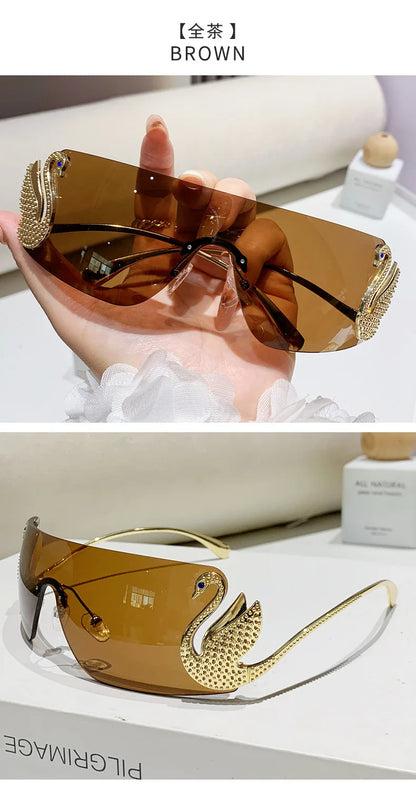 Trendy Y2K 2025 Women's Oversized Rimless Sunglasses Fashion Inlay Gradient Anti-Reflective UV400 Sun Shades Eyewear Gafas