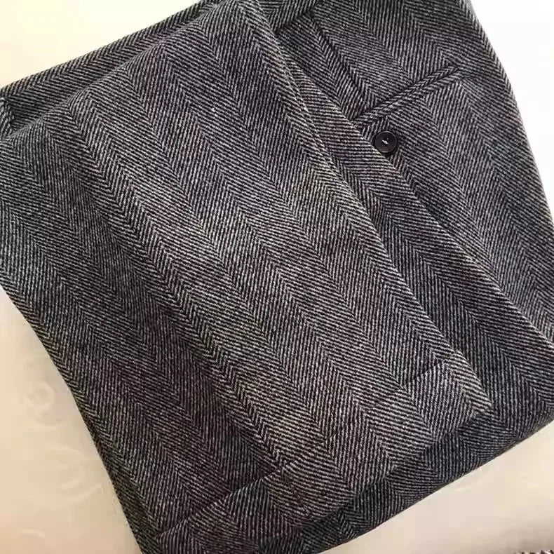 American-Style Retro Tweed High-Waisted Herringbone Wool Casual Straight-Leg Men's Trousers for Autumn and Winter in Large Sizes