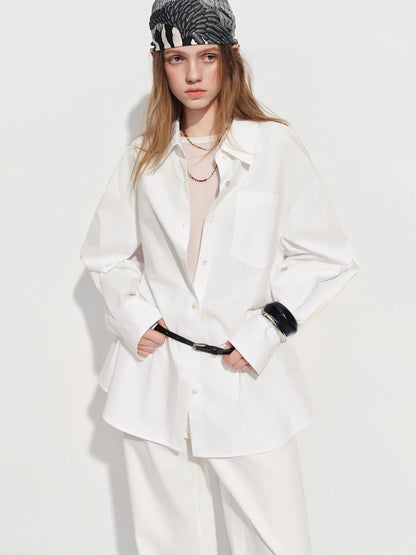 Women's French Loose Fit Cotton Shirt Long Sleeve Layering Top with Web Strap Detail Casual Oversized Blouse