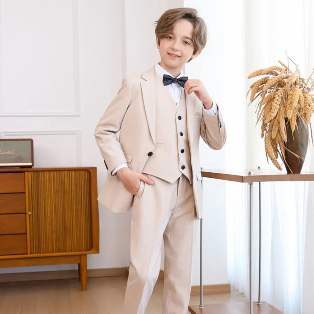 New Arrival Khaki Kids Formal Suit Set 4 Pieces Host Costumes,Casual Notched Lapel Boys Slim Fit Suits Piano Performance Wear