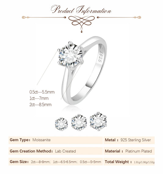 Moissanite D Color 0.5ct 1ct 2ct Round Cut S925 Sterling Silver Solitaire Wedding Engagement Ring for Women