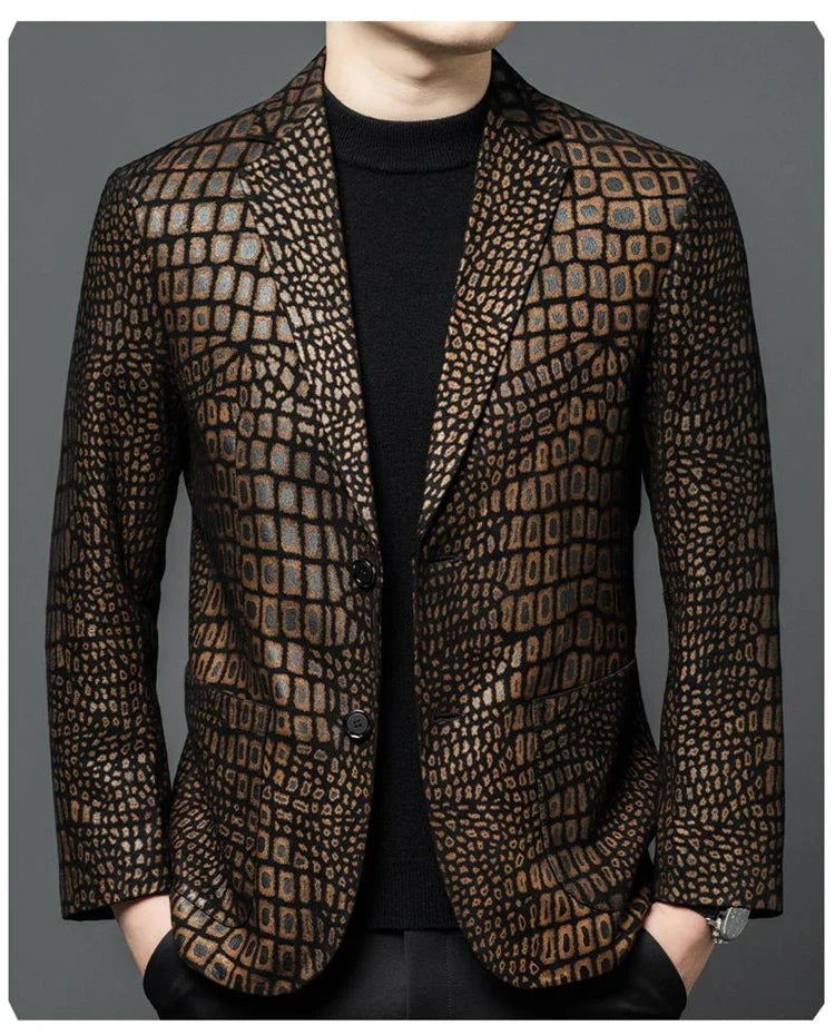 Luxurious Sheepskin Blazers For Men Smooth Casual Leather Jacket Winter Top Quality Leopard Print Slim Gentleman Terno Masculino