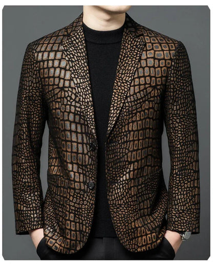 Luxurious Sheepskin Blazers For Men Smooth Casual Leather Jacket Winter Top Quality Leopard Print Slim Gentleman Terno Masculino