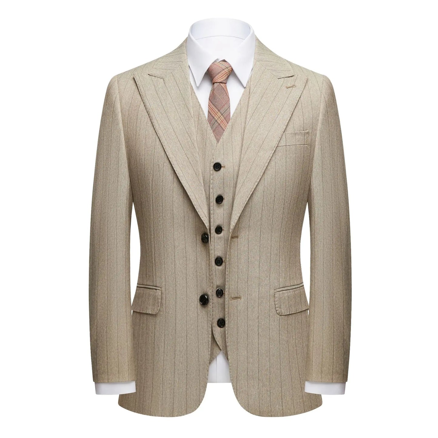 Apricot Men's Striped Three-piece Suit, Featuring A Jacket and Vest Paired with Pants—perfect for Weddings, Parties, or Office.