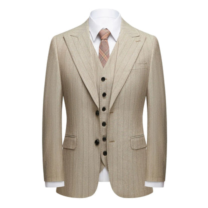 Apricot Men's Striped Three-piece Suit, Featuring A Jacket and Vest Paired with Pants—perfect for Weddings, Parties, or Office.