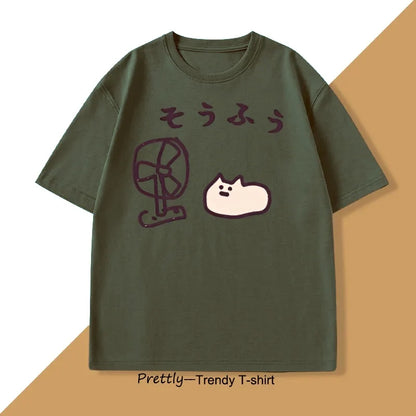 Cool Japanese Style Fan Cat T-shirt Men Women Funny Cotton Short Sleeve Tshirt Graphic T Shirts Summer Streetwear Pritned Tees