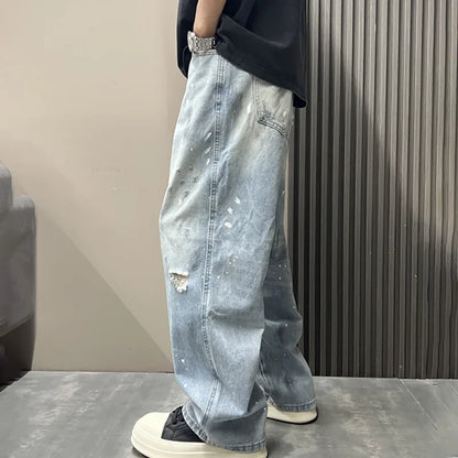 Korean Men'S Splashed Ink Jeans Casual Loose High Street Summer Ripped Denim Pants Retro Graffiti Straight Leg Pants