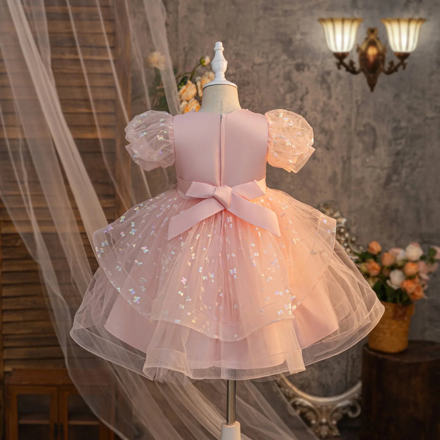 Summer New Girls' Bow Bead Embroidered Fluffy Skirt Baby Girl's Birthday Mesh Dress