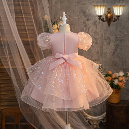 Summer New Girls' Bow Bead Embroidered Fluffy Skirt Baby Girl's Birthday Mesh Dress