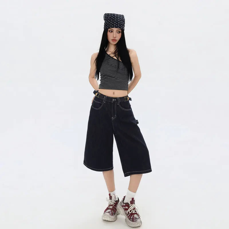 American High Street Fashion Loose Denim Shorts Retro Wide Leg Crop Pants Women Y2k High Waisted Embroidery Casual Mid Trouser