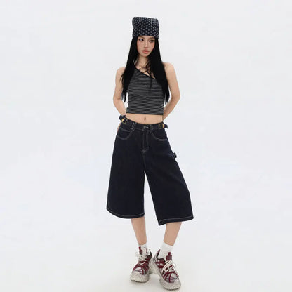 American High Street Fashion Loose Denim Shorts Retro Wide Leg Crop Pants Women Y2k High Waisted Embroidery Casual Mid Trouser