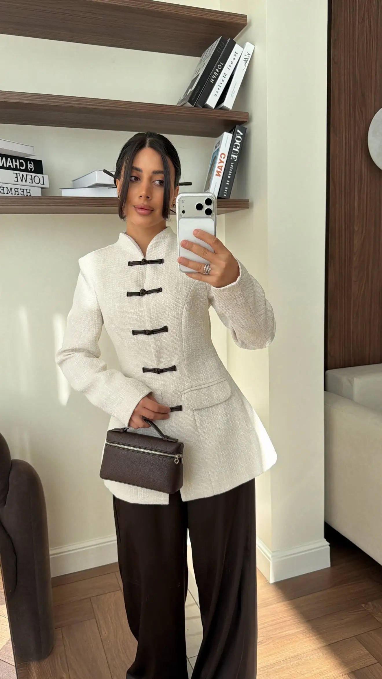 Women's Spring Summer Mandarin Collar Frog Button Tweed Fitted Blazer Elegant Casual Office Wear 2026 Trendy Fashion Blazer