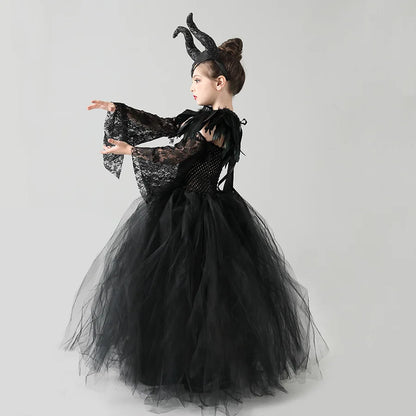 Halloween Maleficents Costume for Girls Evil Queen Dress Up Costumes Witch Devil Black Tulle Mesh Princess Dress Cosplay Clothes