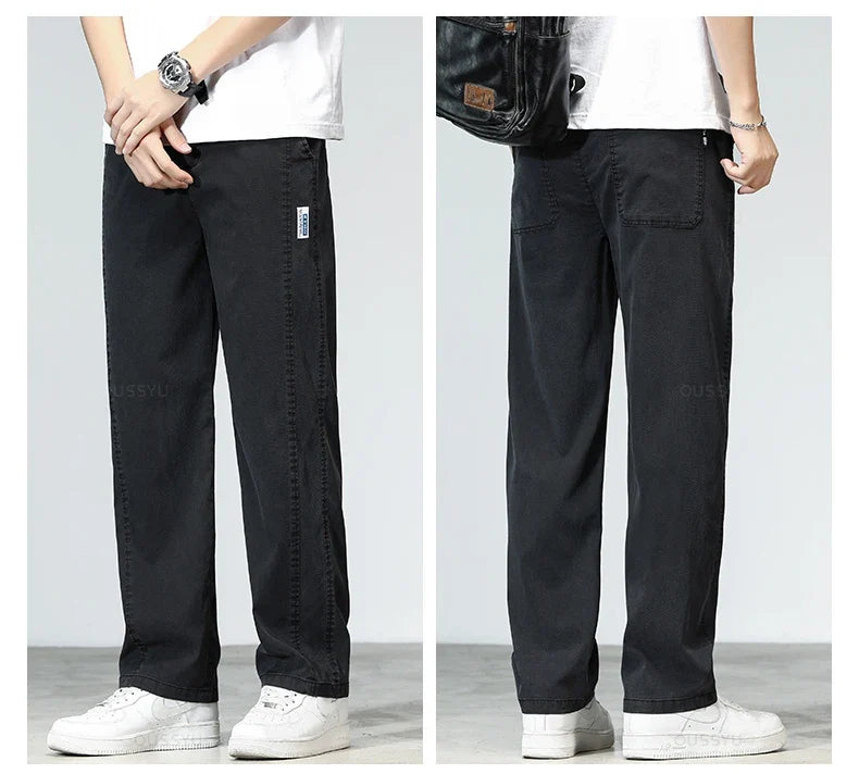Summer Ultrathin High Quality Soft Lyocell Fabric Men's Jeans Loose Straight Denim Pants Design Casual Trousers Plus Size M-5XL