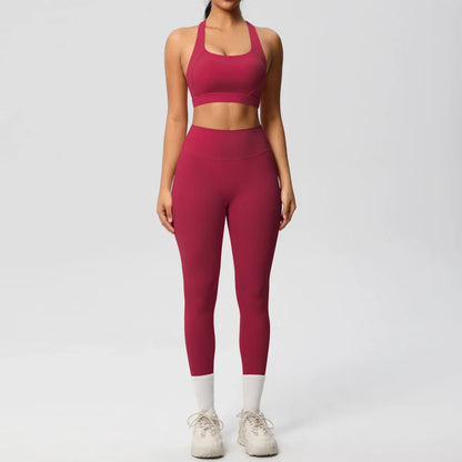 Women 2pcs Patchwork Sport Yoga Suit Training Sleeveless Sport Gym Tops  Tummy Control Slimming Booty Leggings Yoga Suit Sports
