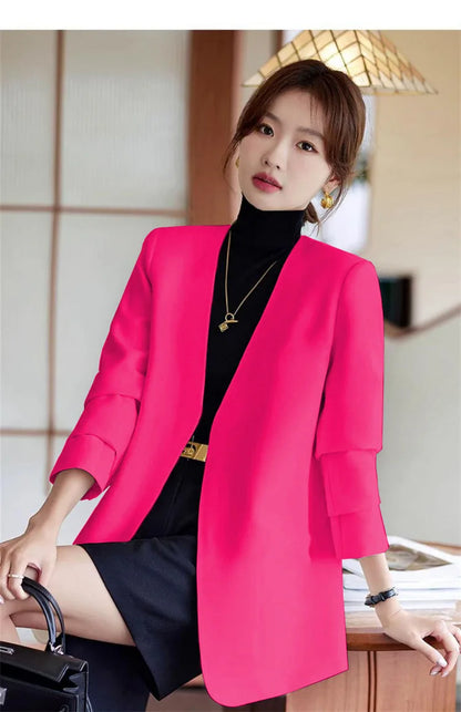 Fashionable Versatile Spring Autumn Women's Blazer Jacket Korean Style Street Style Long Sleeve Suit Coat Pure Color Commute...