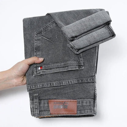 Spring Autumn Men's Stretch Slim Fit Jeans Gray Korean Fashion Skinny Small Straight Denim Pants Casual Trousers Male Clothes