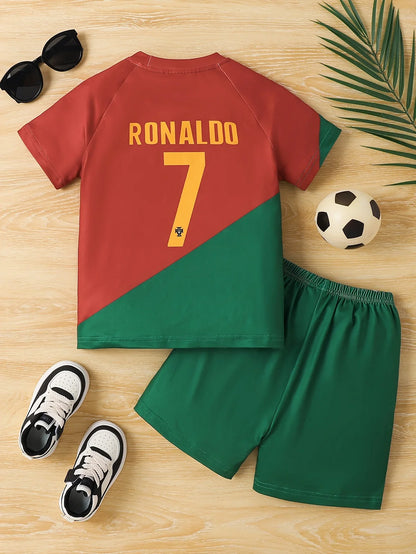 2025 Summer New Children's Red and Green Splicing No.7 Quick drying Sports Football Set