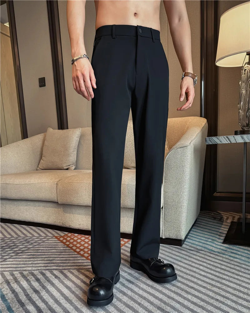 Men's Pleated Trousers, Elastic Waist, Wide-Leg, Casual Suit Pants, 2026 Spring, White/Black, S-4XL