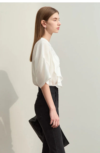 Minimalism 2025 Women Shirt Summer New Commuter Stand Collar Asymmetric Female Blouse Drop Shoulder Loose Tops 12422008