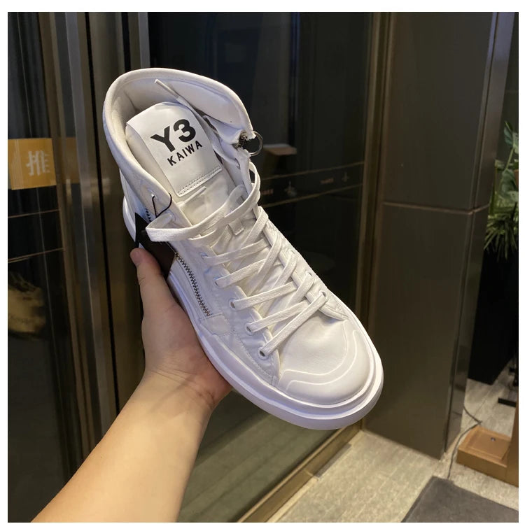 New Fashion High-top Casual Shoes Men Platform White Ankle Boot in Canvas Zipper Ornament Sneaker Boots Handcrafted Man Footwear