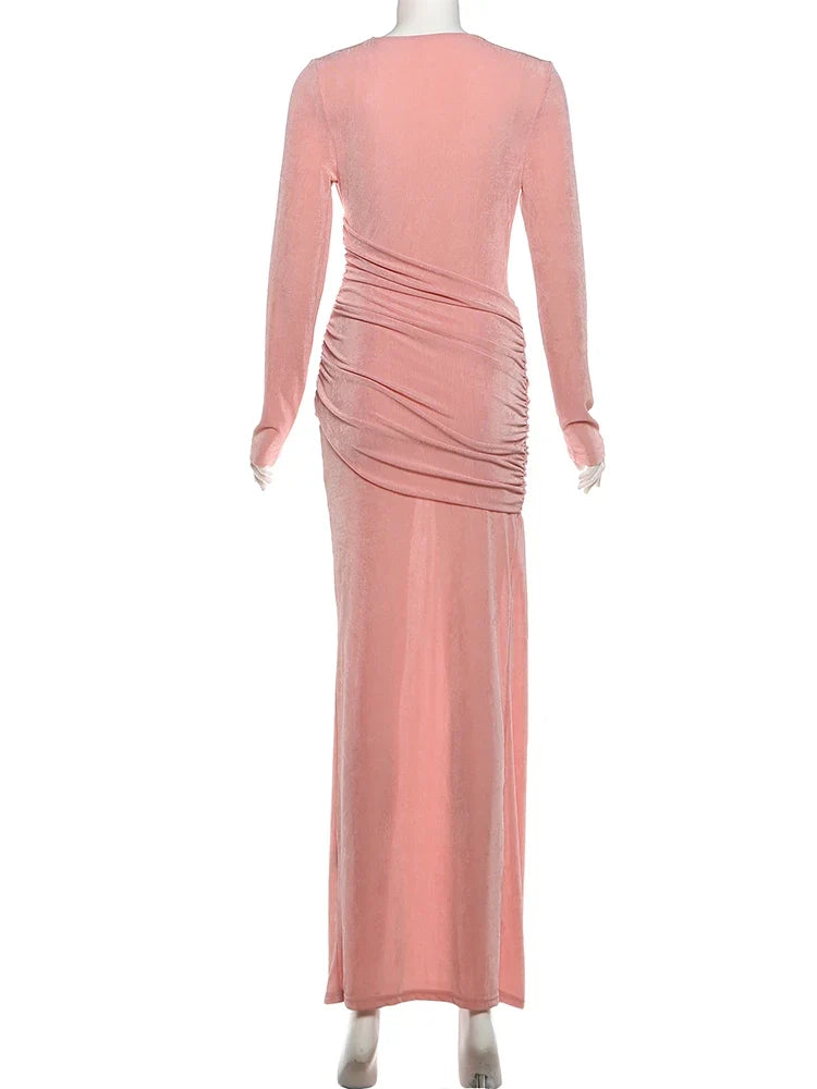 Folds Maxi Dress Women o-Neck Full Sleeve Solid Banquet Elegant Vacation Fashion Autumn Skinny Casual Simple Vestidos