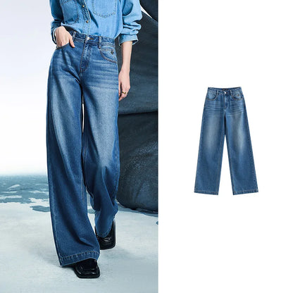Women Denim Jeans 2025 Spring New Acetate Wide Leg Mid Low Waist Slim Fit Straight Wide Leg Pants