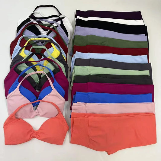 2pcs Seamless Yoga Set Women Yoga Scrunch Leggings Set Strappy Halter Sports Bra Fitness Gym Clothing Workout Set