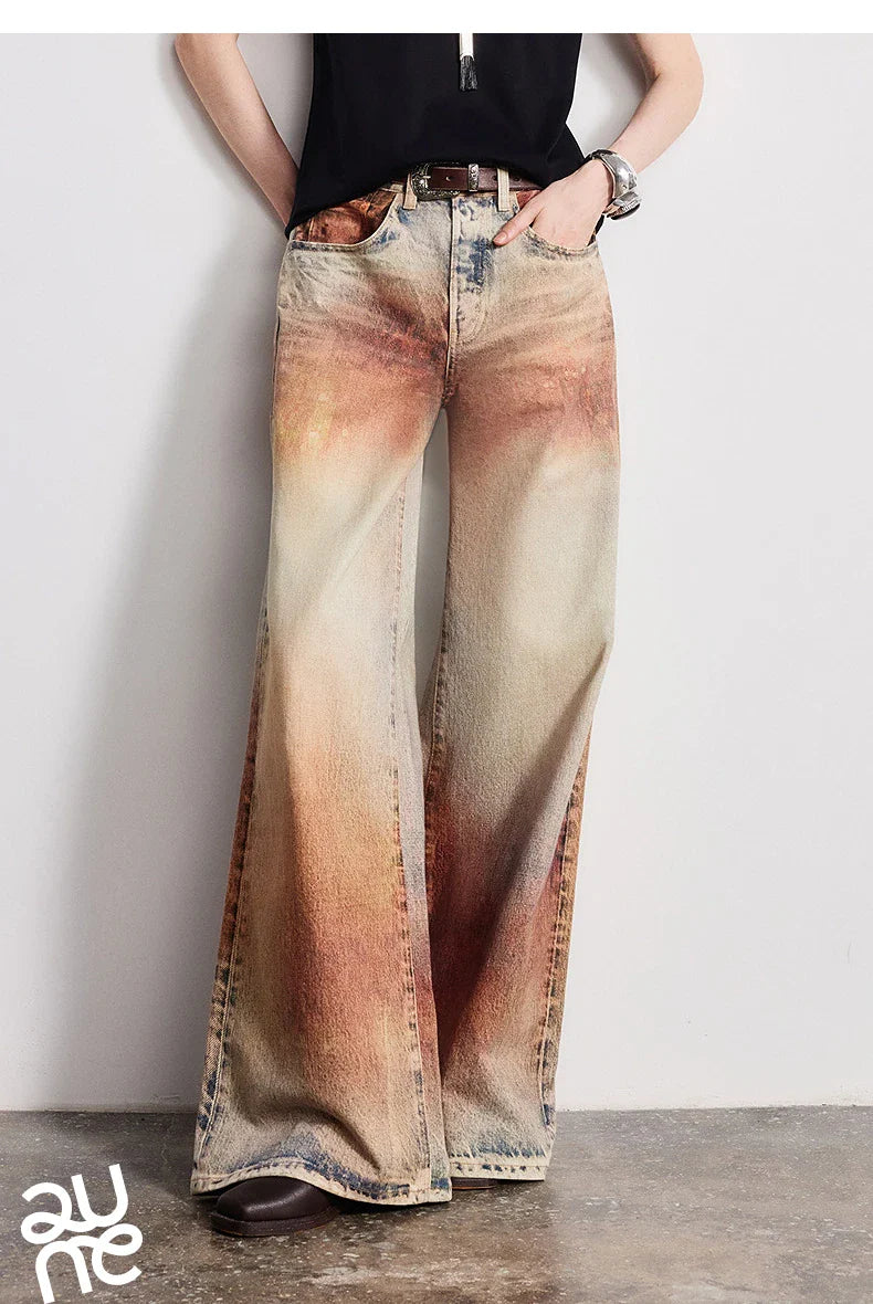 Women Jeans 2026 Spring New Wilderness Wasteland Style Mid Low Waist Loose Printed Wide Leg Pants
