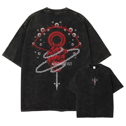 T-shirts Vintage Washed Anime Hunter T Shirt Oversize Manga Killua Zoldyck Gon Hisoka Chrollo Tops Tees Men 100% Cotton