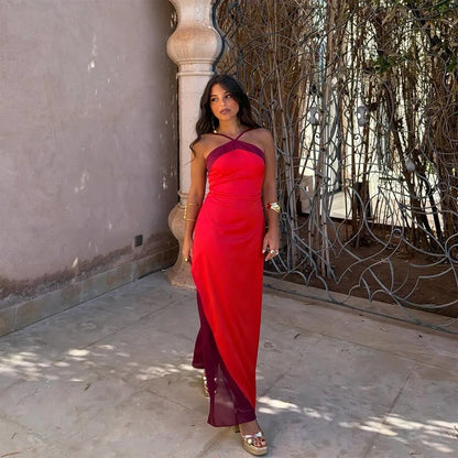 Fashion Color Block Spaghetti Strap Maxi Dress Women Elegant Halter Scarf  High Split Slim Vestidos 2026 New Daily Party Robes