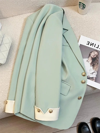 Mint Green Women Blazers 2025 Spring New Jackets Single Breasted Unique Cuff Design Notched Casual Suit Jacket Fashion Lady Coat